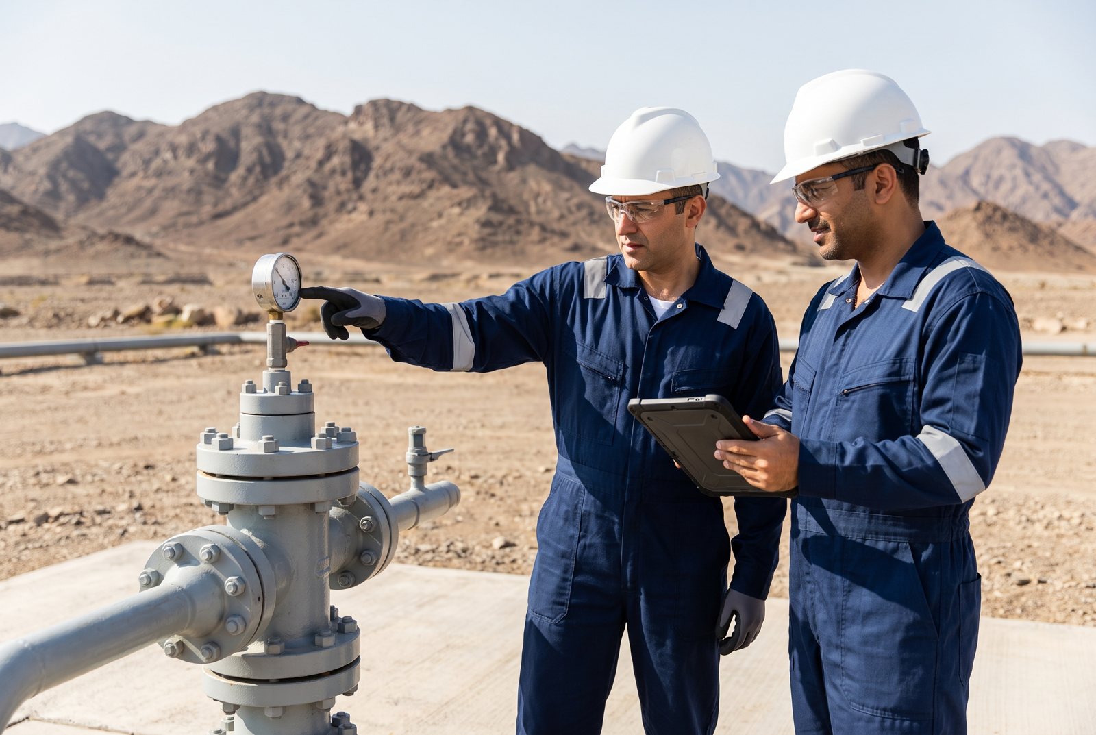 Engineers at a wellhead in the desert