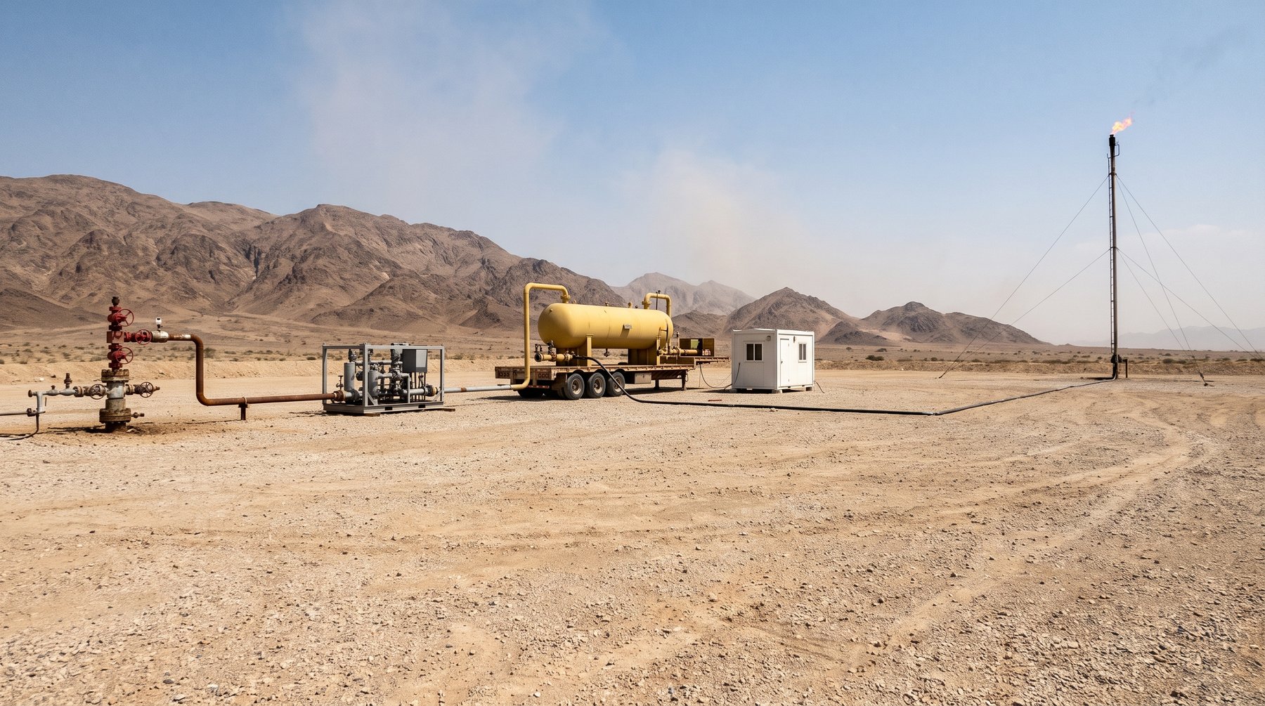 A well-testing spread with a test separator and gauges on a desert well pad